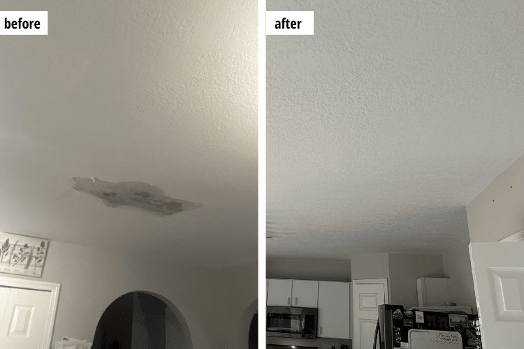 Op de eerste foto is een plafond te zien met afgebladderde verf en vochtkringen door een hardnekkige lekkage. De vervormde plekken en doorgezakte gipsplaat verraden een langdurige waterlekkage, vaak het gevolg van een leidingbreuk. In de tweede foto is hetzelfde plafond weer strak afgewerkt en volledig hersteld na professionele lekdetectie en vakkundig herstel. Deze voor-na beelden illustreren hoe snel gericht onderhoud plafondschade kan omzetten in een droge, weerschone ruimte. Zo blijft je woning beschermd tegen verdere waterschade en verborgen lekkages.