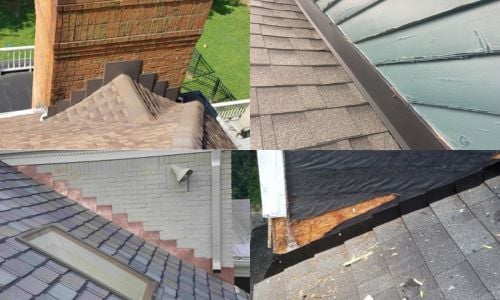 Op de collage zijn vier close-ups te zien van dakdetails rond een schoorsteen, een metalen dakrand, een dakraam en een beschadigde daklijst met blootliggend hout. Versleten shingles en open naden geven duidelijk aan hoe een lekkage dak via zwakke plekken waterlekkage kan veroorzaken. Dit beeld onderstreept het belang van een professionele lekdetectie om voortijdige plafondschade te voorkomen. Tijdig herstel van de dakconstructie voorkomt dat zo’n klein lek uitgroeit tot een grote leidingbreuk of omvangrijke daklekkage.