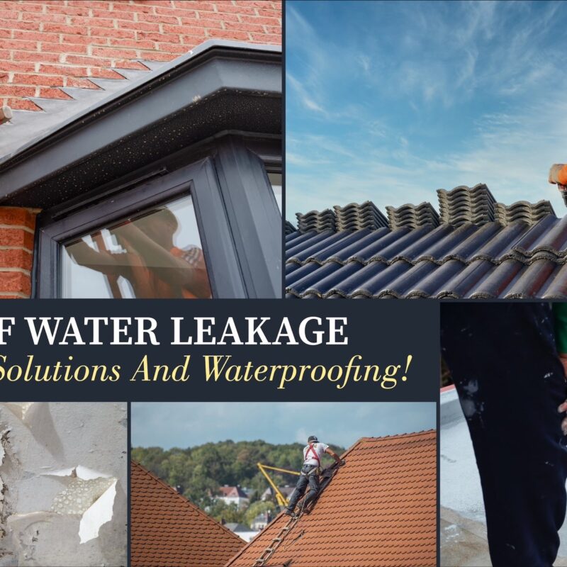 Op de afbeelding is een collage te zien van een vakman die daktrim en dakpannen inspecteert naast een gescheurde pleisterlaag door plafondschade. Daarnaast rolt een specialist een witte waterdichte coating uit en boort een ander een dakpaneel vast, wat illustreert hoe cruciaal daklekkage opsporen en lekdetectie zijn om verergering van vochtproblemen en leidingbreuk te voorkomen. Het beeld brengt het gehele proces van onderzoek, herstel en dakafdichting samen en benadrukt de noodzaak van professioneel dakherstel. Zo onderstreept deze visuele weergave het belang van tijdige detectie en reparatie voor een duurzaam lekvrij dak.