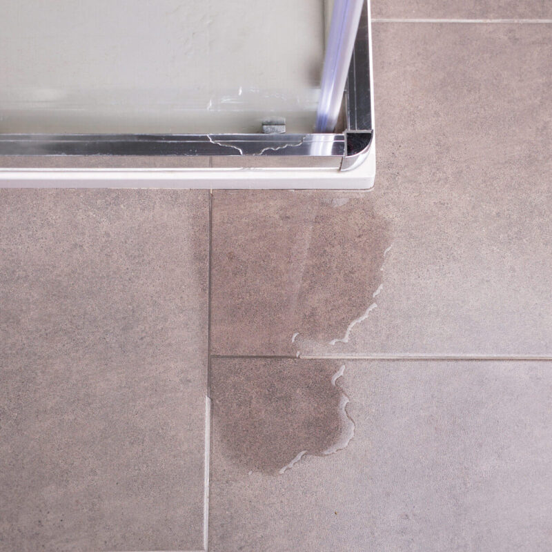 Op de foto zie je een plas water voor de onderzijde van een glazen douchewand op de tegelvloer, veroorzaakt door een niet goed afgesloten kitnaad. Dit benadrukt hoe een badkamerlekkage soms onopgemerkt via de vloer kan doorsijpelen en later tot aanhoudende vochtproblemen of zelfs plafondschade leidt. Een grondige lekdetectie is cruciaal om de precieze oorzaak, zoals een leidingbreuk of versleten afdichting, te achterhalen. Pas na professioneel herstel van de kitnaden of vervanging van defecte leidingen voorkom je kostbare vervolgschade en verbeter je de waterdichtheid in de badkamer.