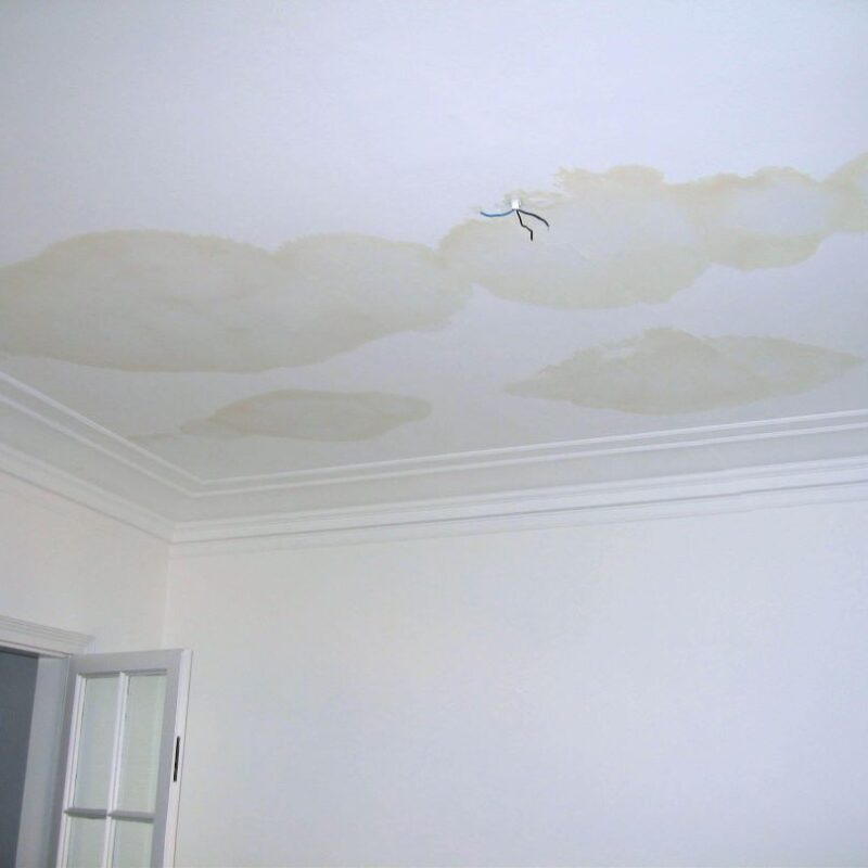 Op de foto is een wit plafond te zien met meerdere bruinachtige kringen en loskomend pleisterwerk rond blootliggende elektriciteitsdraden, wat duidt op een lekkage plafond. Dergelijke waterschade ontstaat vaak door een daklekkage of een leidingbreuk in de bovenliggende verdieping. Het zichtbare vochtverlies benadrukt de urgentie voor professionele lekdetectie om verdere plafondschade en schimmelvorming te voorkomen. Na het opsporen van de oorzaak kan gericht herstel worden toegepast om de esthetiek en stevigheid van het plafond te herstellen. Een snelle aanpak van deze waterlekkage beperkt de herstelkosten en voorkomt vervelende vervolgschade.