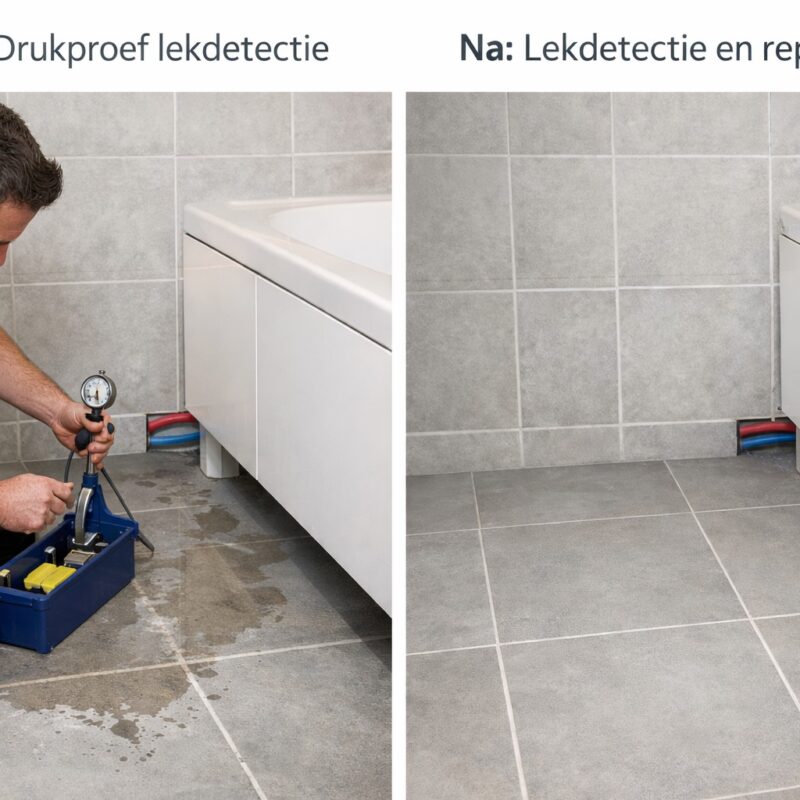Op de foto voert een vakman een drukproef lekdetectie uit op de waterleidingen achter een badmeubel, waarbij een manometer de waterdruk meet en vochtvlekken op de tegelvloer verschijnen. In de tweede afbeelding is dezelfde ruimte keurig droog en vrij van waterschade, wat de succesfactor van professionele lekkageopsporing en herstel benadrukt. Deze drukproef lekdetectie maakt verborgen leidingbreuk en waterlekkage onmiskenbaar zichtbaar en voorkomt zo dat vochtproblemen uitgroeien tot ernstige plafondschade. Daarmee biedt deze aanpak een duurzame oplossing voor een droge, veilige badkamer.
