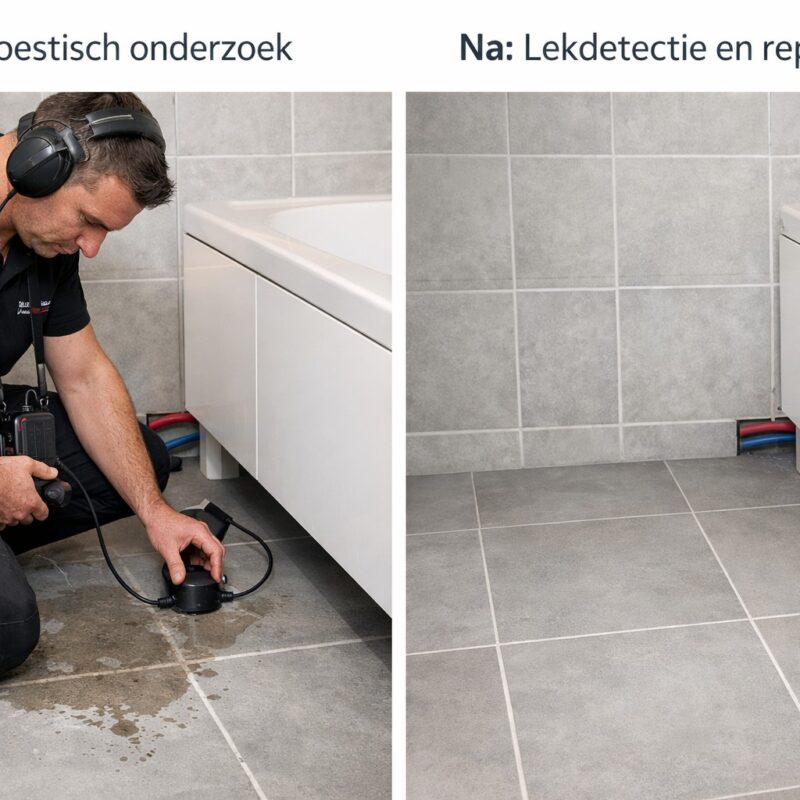 Op de foto voert een specialist met koptelefoon en een akoestisch meetapparaat een akoestisch onderzoek lekdetectie uit bij een waterlekkage onder een badkamermeubel, waarbij druppels op de tegels wijzen op een verborgen leidingbreuk. Dankzij de nauwkeurige registratie van geluidsgolven kan deze lekdetectie locatiegericht en zonder hak- en breekwerkexact de bron van het vochtprobleem vaststellen. Dit beeld laat zien hoe geavanceerde resonantie- en ultrasoundtechnieken verborgen lekkages in vloeren of wanden snel blootleggen. Na het onderzoek blijft de tegelvloer intact en droog, klaar voor een efficiënt herstel zonder onnodige sloopwerkzaamheden. Hiermee illustreert de foto de kracht van akoestisch onderzoek lekdetectie voor snelle en schadevrije reparatie.