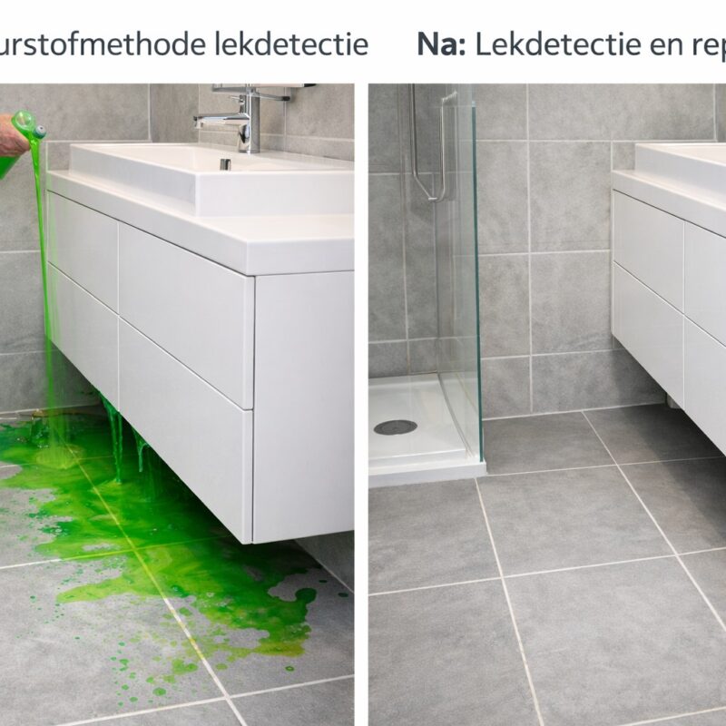 Op de foto zie je hoe een felle, groen gekleurde vloeistof onder de wastafel uit de sifon sijpelt en met de kleurstofmethode lekdetectie precies de route van een leidingbreuk en waterlekkage blootlegt. Dankzij de fluorescerende dye zijn vochtplekken direct te herkennen zonder grootschalig sloopwerk. Op de rechterzijde zie je het eindresultaat: een strak tegeloppervlak zonder zichtbare vochtkringen of plafondschade. Dit beeld maakt duidelijk hoe de kleurstofmethode lekdetectie gerichte reparaties mogelijk maakt en onnodige renovatie voorkomt. Zo blijft elk herstel snel en efficiënt, of het nu om een leidinglek of een hardnekkige waterlekkage gaat.
