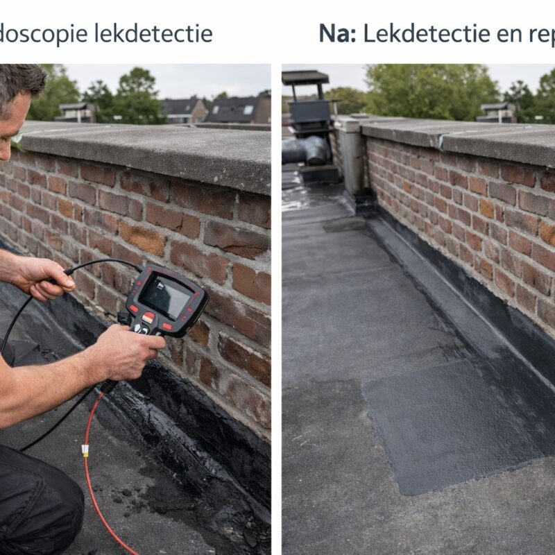 Op de foto is een specialist te zien die met een flexibele endoscoopcamera nauwkeurig de dakvoet bij een bakstenen gevel inspecteert. De na-foto toont hetzelfde dakvlak met een vers aangebracht waterdicht membraan voor gericht daklekkageherstel. Deze vergelijking illustreert hoe endoscopie lekdetectie verborgen waterlekkage en dreigende plafondschade opspoort. Zo voorkomt men dat een leidingbreuk of vochtproblemen uitgroeien tot omvangrijke renovatie.